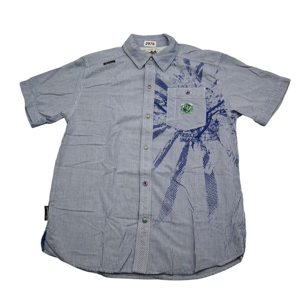 Akademiks Shirt Youth L Boys Blue Striped Button Up Short Sleeve Tee